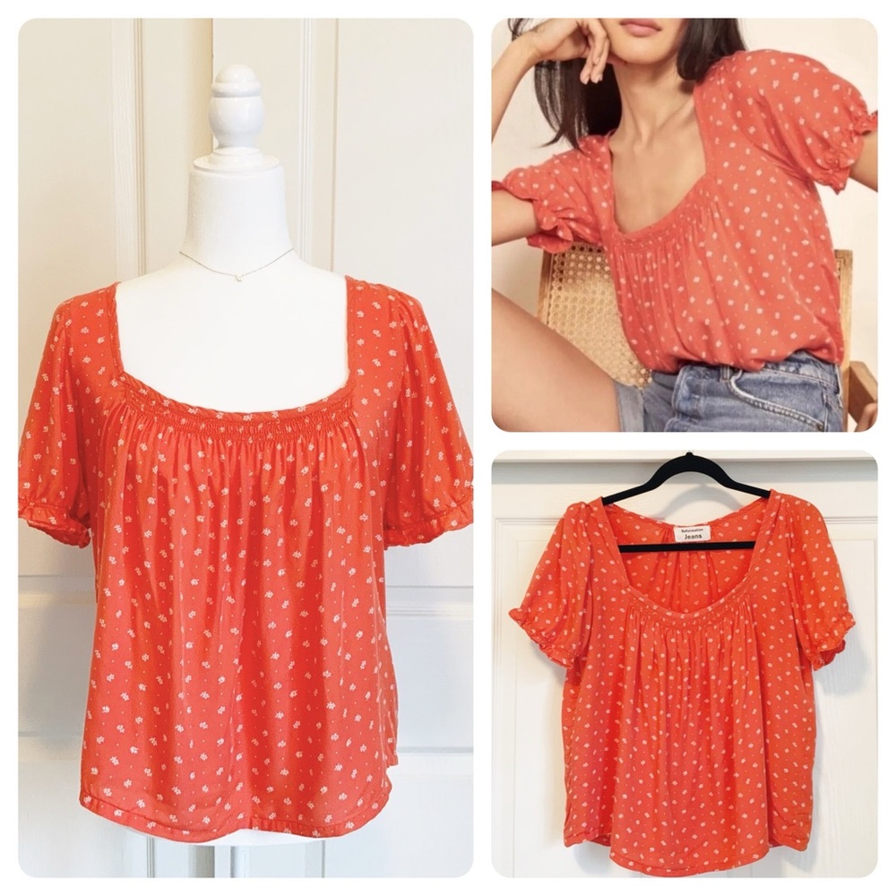 REFORMATION Peasant Top - Short Sleeves & Smocked Neckline - Orange Red - Sz M